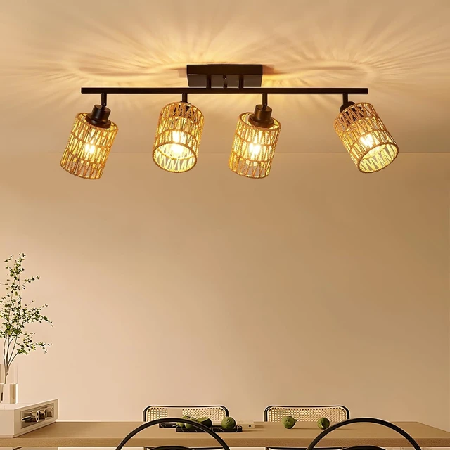 Alt view image 7 of 7 - 4 Light E26 Track Lighting Fixtures Ceiling Rattan Farmhouse Boho Ceiling Track Lighting, Directional Rotatable Modern Track Ceiling Light Fixtures for Kitchen Bedroom Hallway Porch Foyer