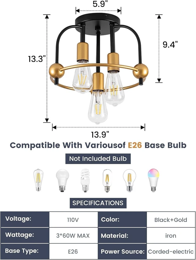 Alt view image 6 of 7 - 3-Light Black Gold Semi Flush Mount Ceiling Light