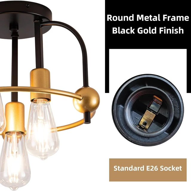 Alt view image 7 of 7 - 3-Light Black Gold Semi Flush Mount Ceiling Light