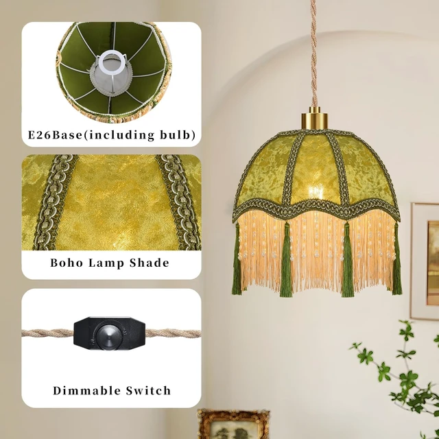Alt view image 4 of 7 - ZECOXOL Boho Plug in Pendant Light Rustic Hanging Lights with Plug in Cord & Flower Lampshade,Fringe Hanging Lamp Dimmable Plug in Ceiling Light Fixture for Living Room Bedroom Kitchen (Bulb Include)