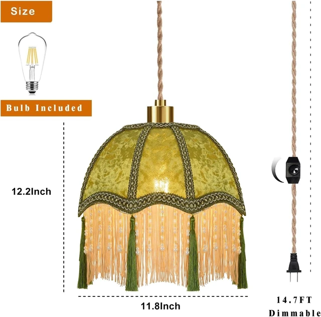 Alt view image 5 of 7 - ZECOXOL Boho Plug in Pendant Light Rustic Hanging Lights with Plug in Cord & Flower Lampshade,Fringe Hanging Lamp Dimmable Plug in Ceiling Light Fixture for Living Room Bedroom Kitchen (Bulb Include)