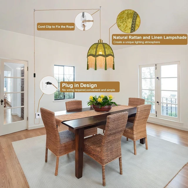 Alt view image 6 of 7 - ZECOXOL Boho Plug in Pendant Light Rustic Hanging Lights with Plug in Cord & Flower Lampshade,Fringe Hanging Lamp Dimmable Plug in Ceiling Light Fixture for Living Room Bedroom Kitchen (Bulb Include)