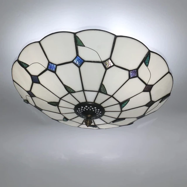 Alt view image 2 of 7 - 16 Inch Tiffany Style Stained Glass Ceiling Light Tiffany Flush Mount Ceiling Light Vintage Chandeliers Pendent Light Lighting Fixture Lamps (16 Inch Leaf White)