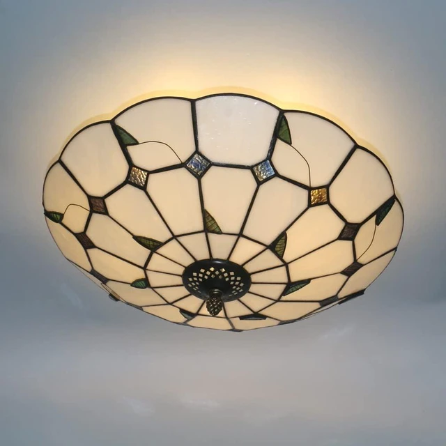 Main image of 16 Inch Tiffany Style Stained Glass Ceiling Light Tiffany Flush Mount Ceiling Light Vintage Chandeliers Pendent Light Lighting Fixture Lamps (16 Inch Leaf White)