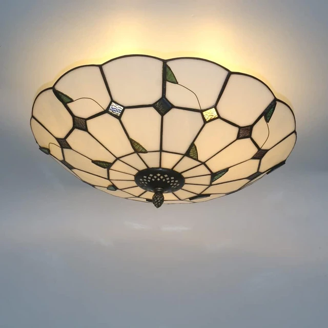 Alt view image 6 of 7 - 16 Inch Tiffany Style Stained Glass Ceiling Light Tiffany Flush Mount Ceiling Light Vintage Chandeliers Pendent Light Lighting Fixture Lamps (16 Inch Leaf White)
