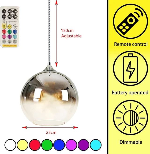 Alt view image 4 of 7 - Modern Battery Operated Pendant Light,Battery Ceiling Light with Rechargeable Bulbs Remote Control 9 Colors Modes Dimmable Kitchen Island Bedroom Dining Room(Chrome)