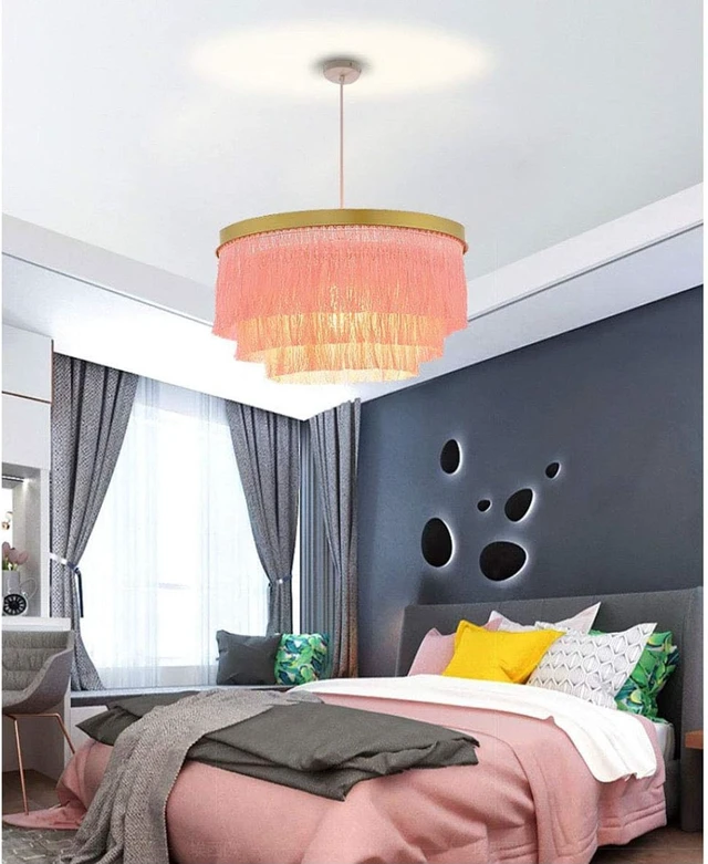 Alt view image 4 of 7 - Romantic Tassel Pendant Lighting Chandeliers Creative Modern Ceiling Lights 3 Tiers in Pink