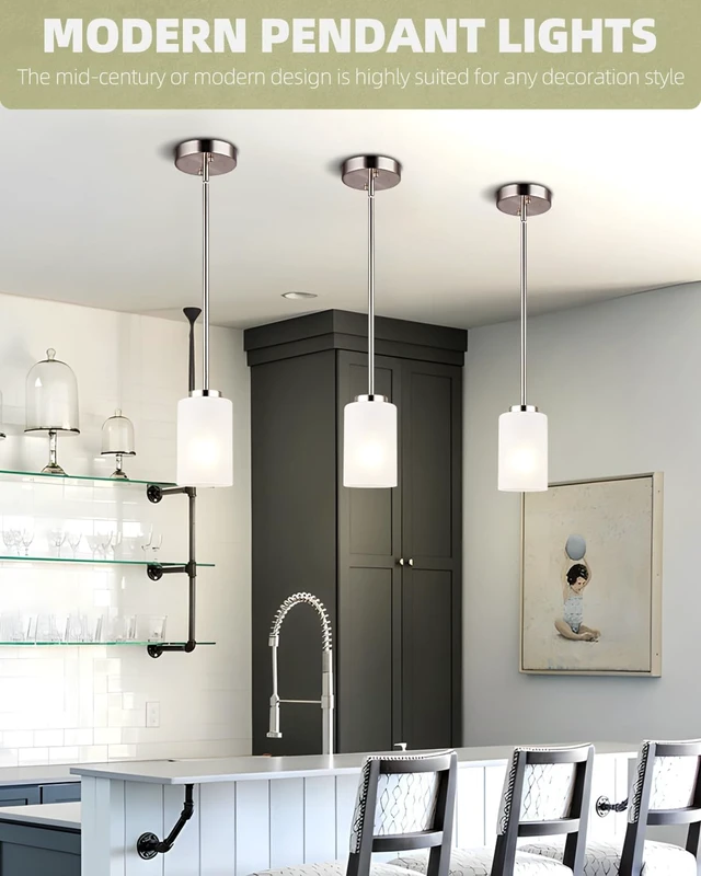 Alt view image 3 of 7 - 2 Pack Pendant Light Fixtures, Adjustable Brushed Nickel Hanging Ceiling Lights with White Frosted Glass Shades, House Indoor Light for Kitchen Island Bedroom