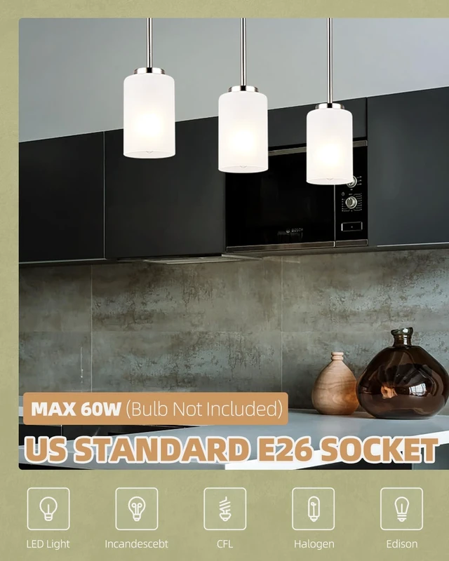 Alt view image 4 of 7 - 2 Pack Pendant Light Fixtures, Adjustable Brushed Nickel Hanging Ceiling Lights with White Frosted Glass Shades, House Indoor Light for Kitchen Island Bedroom