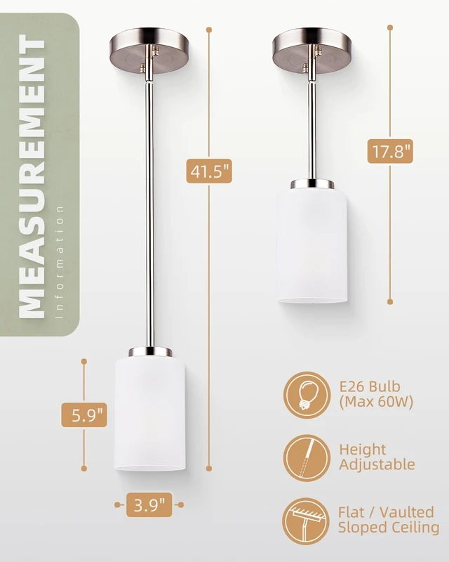 Alt view image 6 of 7 - 2 Pack Pendant Light Fixtures, Adjustable Brushed Nickel Hanging Ceiling Lights with White Frosted Glass Shades, House Indoor Light for Kitchen Island Bedroom