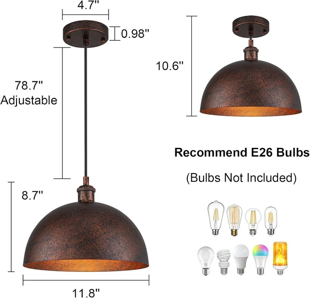 Alt view image 6 of 7 - Lingkai 11.8 Industrial Metal Dome Pendant Light, Rust Industrial Pendant Lights for Kitchen Island, Dimmable Hanging Light Fixtures Compatible for Kitchen Island, Dining Room