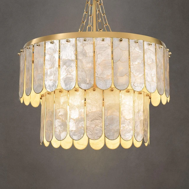 Main image of Gold Oyster Capiz Shell Chandelier: Natural Seashell Alabaster Chandeliers - Modern Coastal Dimmable Lighting Fixture - Shells Ceiling Pendant Light for Dining Room, Bedroom, Living Room and Foyer