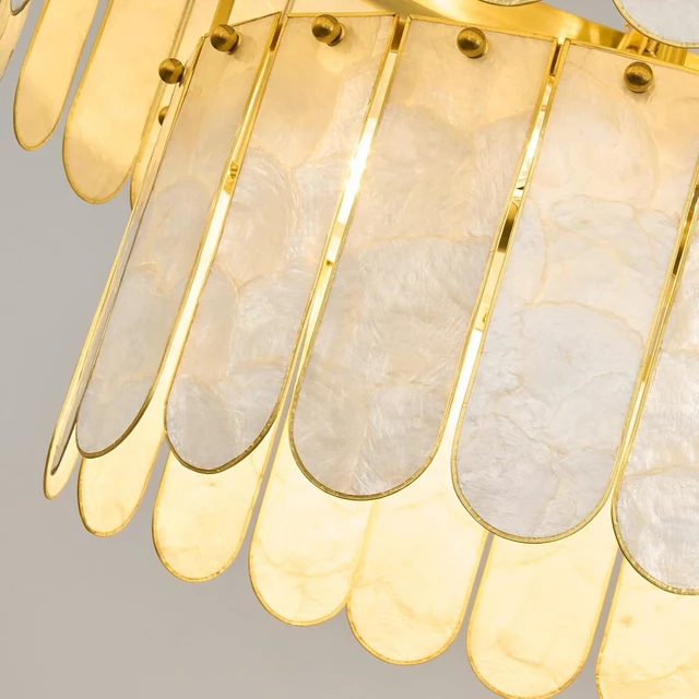 Alt view image 2 of 7 - Gold Oyster Capiz Shell Chandelier: Natural Seashell Alabaster Chandeliers - Modern Coastal Dimmable Lighting Fixture - Shells Ceiling Pendant Light for Dining Room, Bedroom, Living Room and Foyer