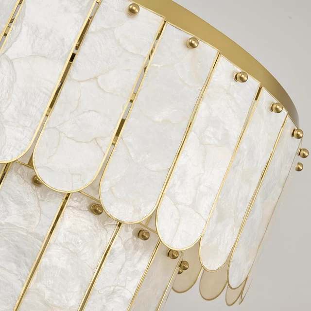 Alt view image 3 of 7 - Gold Oyster Capiz Shell Chandelier: Natural Seashell Alabaster Chandeliers - Modern Coastal Dimmable Lighting Fixture - Shells Ceiling Pendant Light for Dining Room, Bedroom, Living Room and Foyer