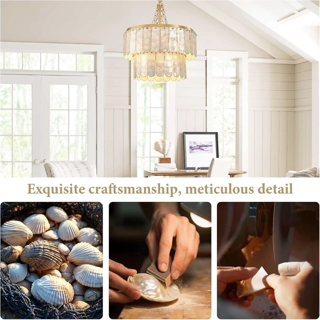 Alt view image 4 of 7 - Gold Oyster Capiz Shell Chandelier: Natural Seashell Alabaster Chandeliers - Modern Coastal Dimmable Lighting Fixture - Shells Ceiling Pendant Light for Dining Room, Bedroom, Living Room and Foyer