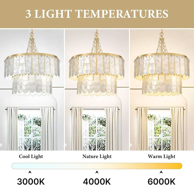 Alt view image 7 of 7 - Gold Oyster Capiz Shell Chandelier: Natural Seashell Alabaster Chandeliers - Modern Coastal Dimmable Lighting Fixture - Shells Ceiling Pendant Light for Dining Room, Bedroom, Living Room and Foyer