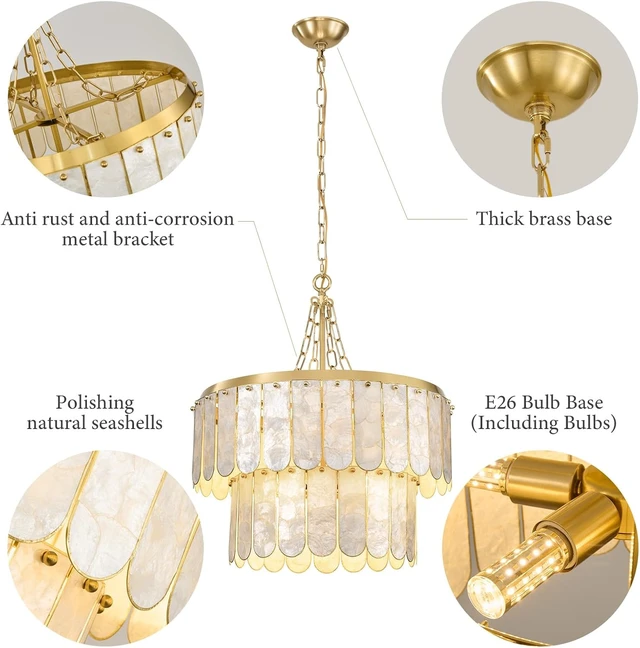Alt view image 5 of 7 - Gold Oyster Capiz Shell Chandelier: Natural Seashell Alabaster Chandeliers - Modern Coastal Dimmable Lighting Fixture - Shells Ceiling Pendant Light for Dining Room, Bedroom, Living Room and Foyer