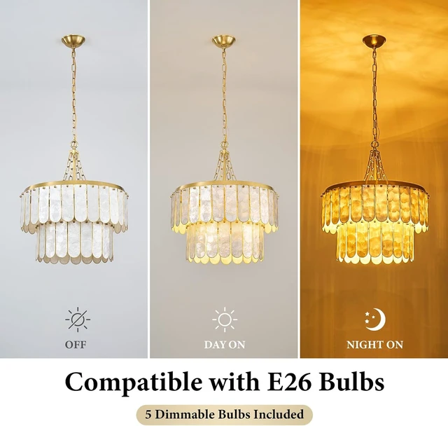 Alt view image 6 of 7 - Gold Oyster Capiz Shell Chandelier: Natural Seashell Alabaster Chandeliers - Modern Coastal Dimmable Lighting Fixture - Shells Ceiling Pendant Light for Dining Room, Bedroom, Living Room and Foyer