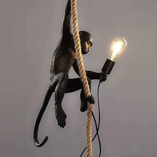 Main image of LOYALHEARTDY Vintage Resin Hemp Rope Monkey Pendant Light Fixture Monkey Chandelier Industrial Retro E26 Edison Ceiling Pendant Lamp for Dining Living Room Bedroom Bar Cafe (Black)