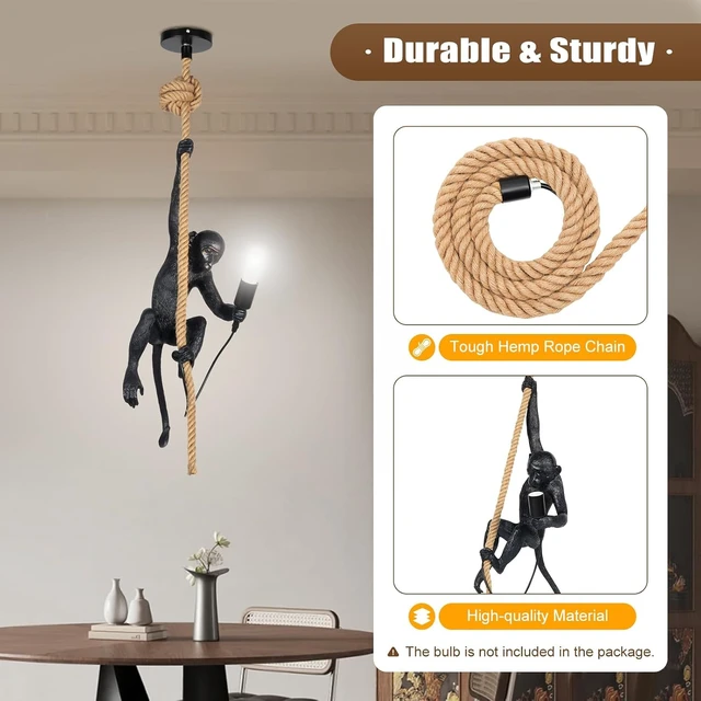 Alt view image 2 of 7 - LOYALHEARTDY Vintage Resin Hemp Rope Monkey Pendant Light Fixture Monkey Chandelier Industrial Retro E26 Edison Ceiling Pendant Lamp for Dining Living Room Bedroom Bar Cafe (Black)