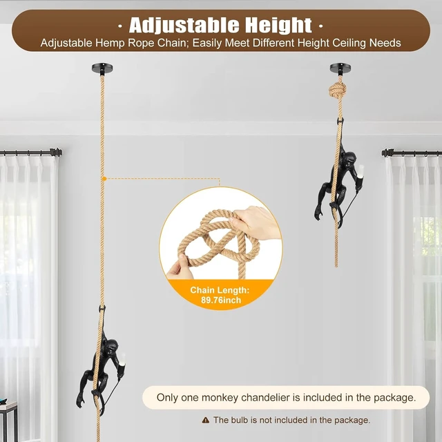 Alt view image 4 of 7 - LOYALHEARTDY Vintage Resin Hemp Rope Monkey Pendant Light Fixture Monkey Chandelier Industrial Retro E26 Edison Ceiling Pendant Lamp for Dining Living Room Bedroom Bar Cafe (Black)