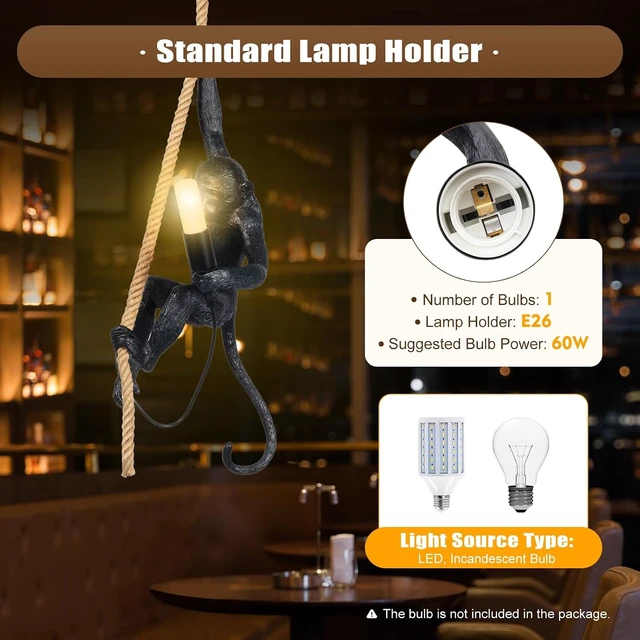 Alt view image 3 of 7 - LOYALHEARTDY Vintage Resin Hemp Rope Monkey Pendant Light Fixture Monkey Chandelier Industrial Retro E26 Edison Ceiling Pendant Lamp for Dining Living Room Bedroom Bar Cafe (Black)