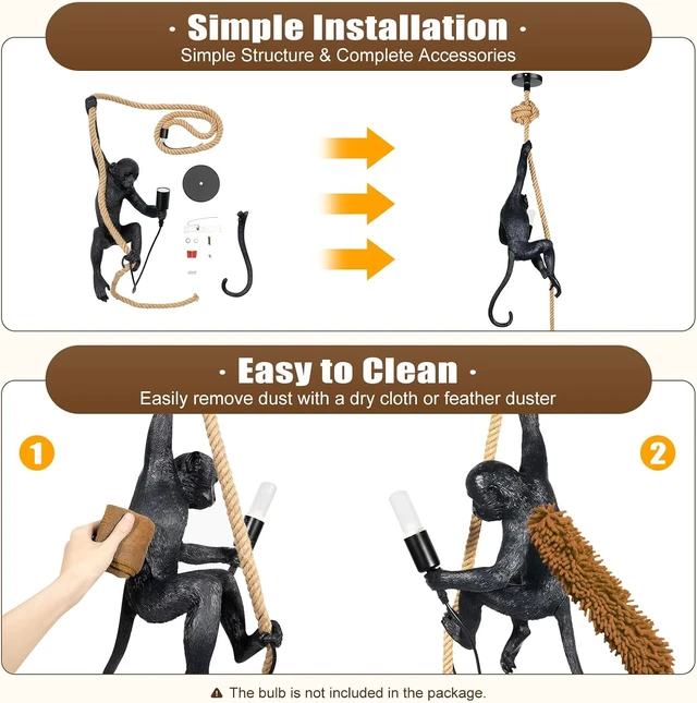 Alt view image 5 of 7 - LOYALHEARTDY Vintage Resin Hemp Rope Monkey Pendant Light Fixture Monkey Chandelier Industrial Retro E26 Edison Ceiling Pendant Lamp for Dining Living Room Bedroom Bar Cafe (Black)