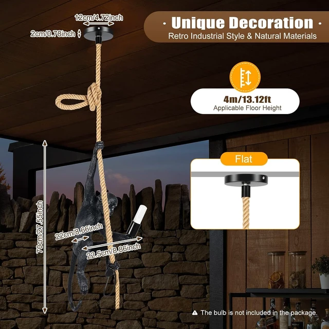Alt view image 6 of 7 - LOYALHEARTDY Vintage Resin Hemp Rope Monkey Pendant Light Fixture Monkey Chandelier Industrial Retro E26 Edison Ceiling Pendant Lamp for Dining Living Room Bedroom Bar Cafe (Black)