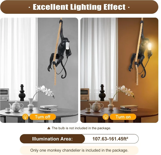 Alt view image 7 of 7 - LOYALHEARTDY Vintage Resin Hemp Rope Monkey Pendant Light Fixture Monkey Chandelier Industrial Retro E26 Edison Ceiling Pendant Lamp for Dining Living Room Bedroom Bar Cafe (Black)