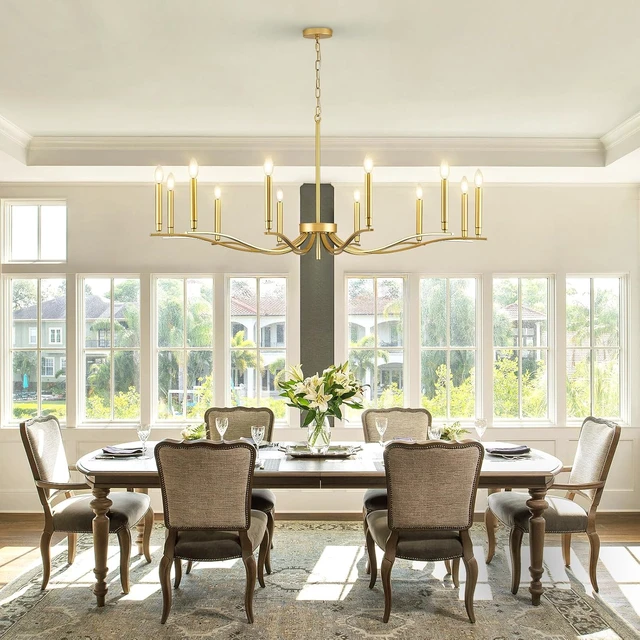 Alt view image 3 of 7 - 12 Light Gold Living Room Chandelier Large Chandeliers for High Ceiling Foyer Brass Chandelier 53in Metal Chandeliers Hanging Light for Master Bedroom Dining Room Light Fixture Over Table