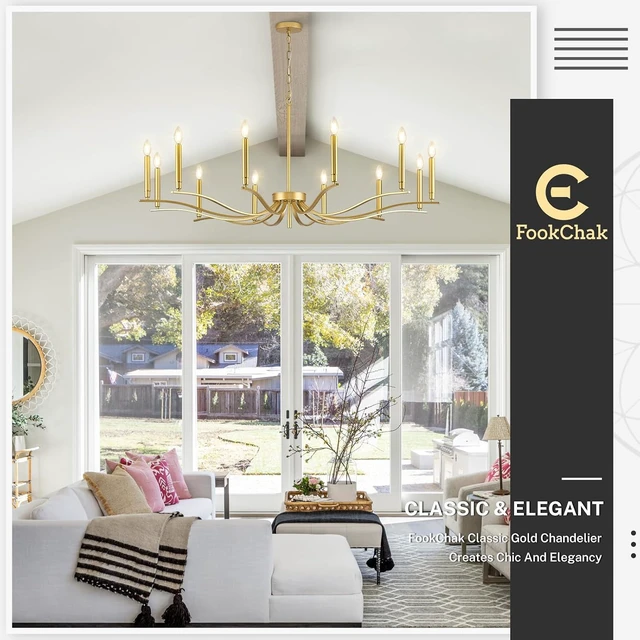 Alt view image 6 of 7 - 12 Light Gold Living Room Chandelier Large Chandeliers for High Ceiling Foyer Brass Chandelier 53in Metal Chandeliers Hanging Light for Master Bedroom Dining Room Light Fixture Over Table