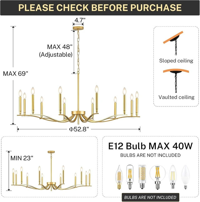 Alt view image 7 of 7 - 12 Light Gold Living Room Chandelier Large Chandeliers for High Ceiling Foyer Brass Chandelier 53in Metal Chandeliers Hanging Light for Master Bedroom Dining Room Light Fixture Over Table