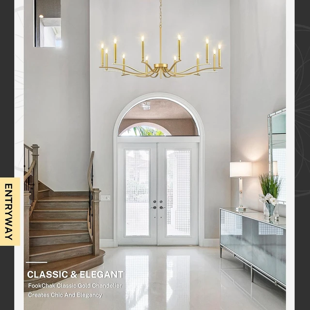 Alt view image 2 of 7 - 12 Light Gold Living Room Chandelier Large Chandeliers for High Ceiling Foyer Brass Chandelier 53in Metal Chandeliers Hanging Light for Master Bedroom Dining Room Light Fixture Over Table