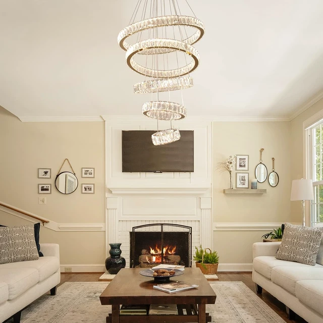 Alt view image 2 of 7 - 5-Ring Titanium Gold Crystal Chandelier Dimmable LED Pendant