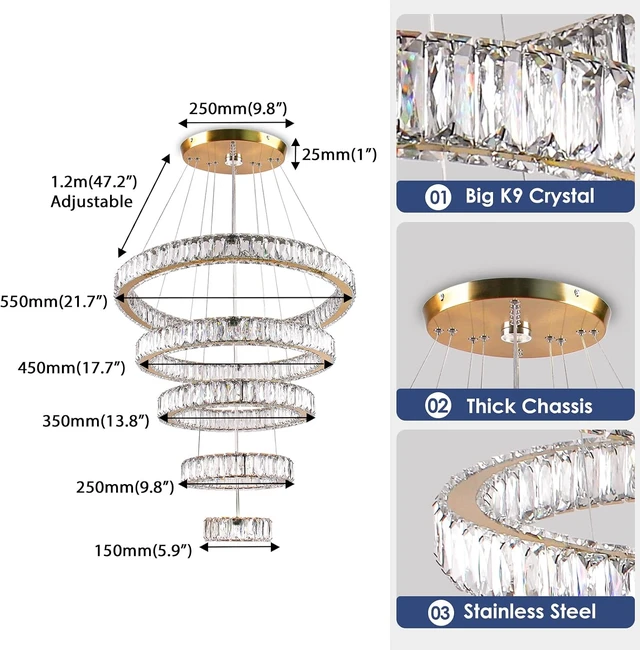 Alt view image 5 of 7 - 5-Ring Titanium Gold Crystal Chandelier Dimmable LED Pendant