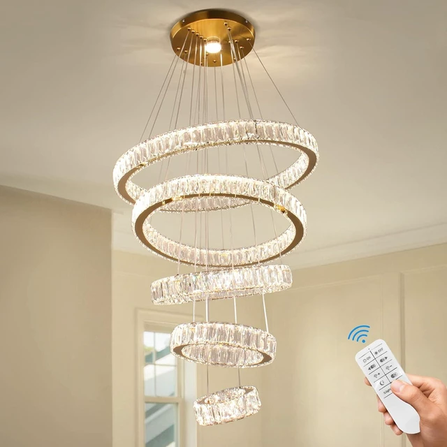 Main image of 5-Ring Titanium Gold Crystal Chandelier Dimmable LED Pendant