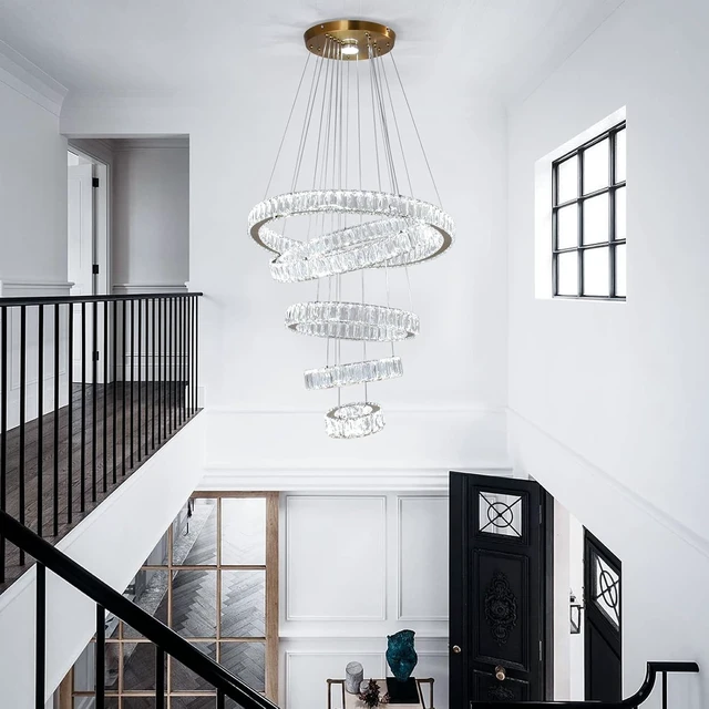 Alt view image 3 of 7 - 5-Ring Titanium Gold Crystal Chandelier Dimmable LED Pendant