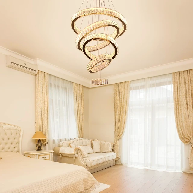 Alt view image 4 of 7 - 5-Ring Titanium Gold Crystal Chandelier Dimmable LED Pendant