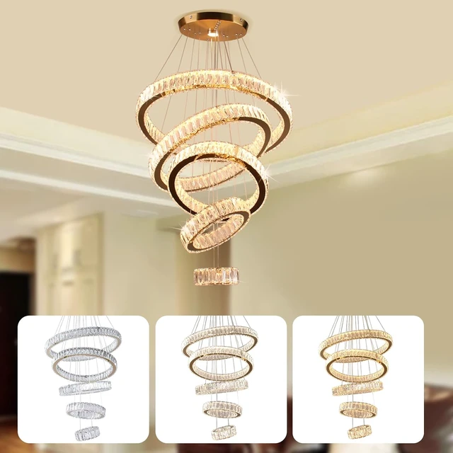 Alt view image 7 of 7 - 5-Ring Titanium Gold Crystal Chandelier Dimmable LED Pendant