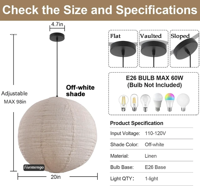 Alt view image 2 of 7 - Linen Pendant Light Kit Lantern Pendant Light, 20in Off-White