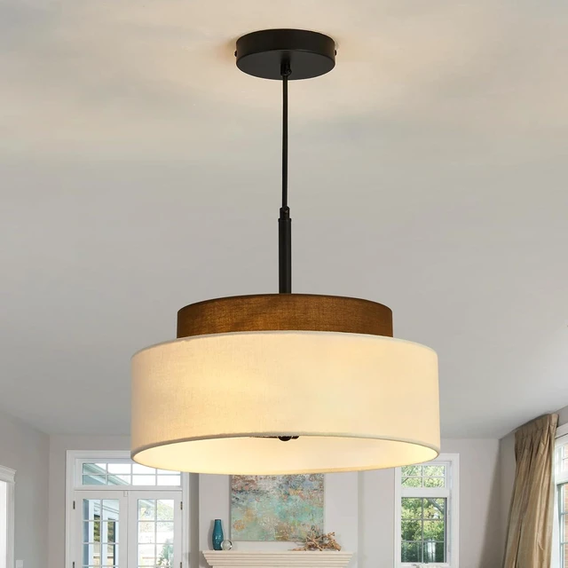 Main image of 3-Light Farmhouse Pendant Light Fixture 2-Tier Drum Pendant Lighting with Fabric Shade 13inch Rustic Hanging Chandelier for Living Room Kitchen Dining Room Bedroom Entryway