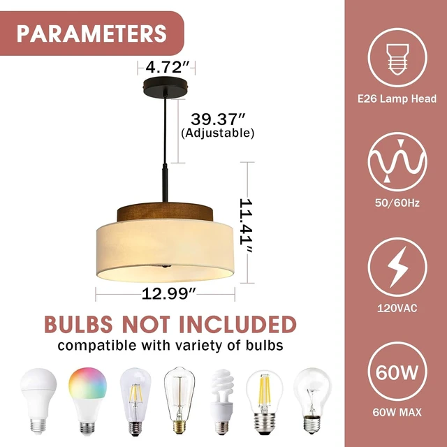 Alt view image 3 of 7 - 3-Light Farmhouse Pendant Light Fixture 2-Tier Drum Pendant Lighting with Fabric Shade 13inch Rustic Hanging Chandelier for Living Room Kitchen Dining Room Bedroom Entryway