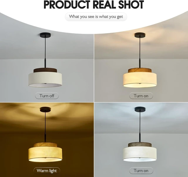 Alt view image 5 of 7 - 3-Light Farmhouse Pendant Light Fixture 2-Tier Drum Pendant Lighting with Fabric Shade 13inch Rustic Hanging Chandelier for Living Room Kitchen Dining Room Bedroom Entryway