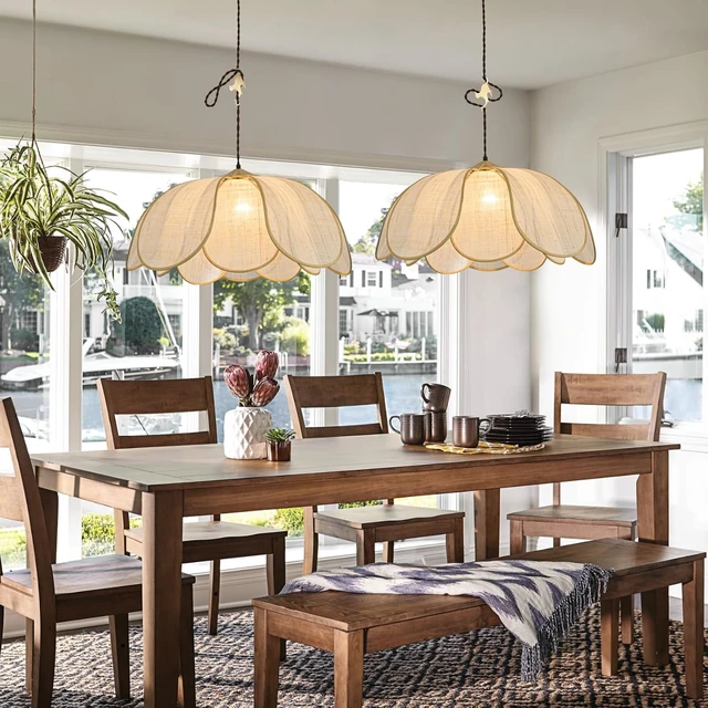 Alt view image 2 of 7 - Boho Light Fixture, 25.6" Hand Woven Rattan Chandelier, Boho Chandelier with Brass Cat Hook for Dining Room, Living Room, Kitchen, Bedroom and Restaurant