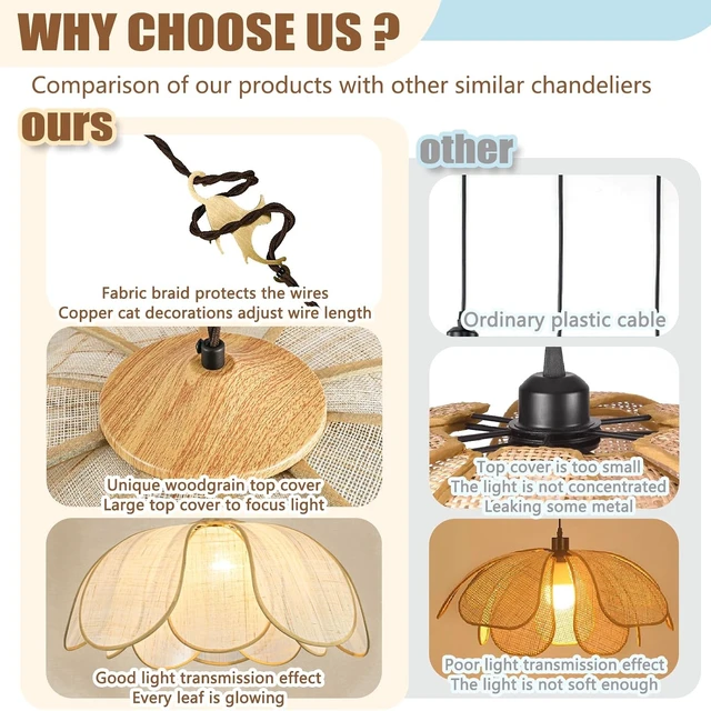 Alt view image 3 of 7 - Boho Light Fixture, 25.6" Hand Woven Rattan Chandelier, Boho Chandelier with Brass Cat Hook for Dining Room, Living Room, Kitchen, Bedroom and Restaurant