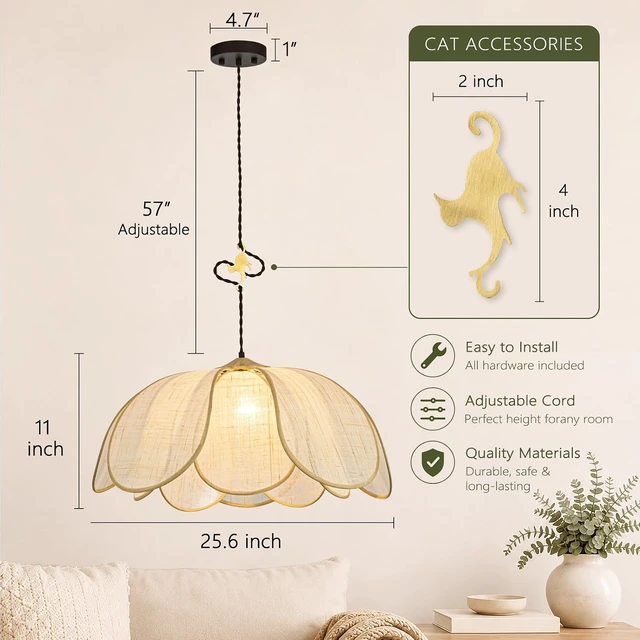 Alt view image 6 of 7 - Boho Light Fixture, 25.6" Hand Woven Rattan Chandelier, Boho Chandelier with Brass Cat Hook for Dining Room, Living Room, Kitchen, Bedroom and Restaurant