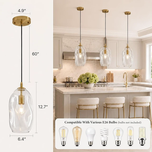 Alt view image 3 of 7 - Glass Pendant Lights Kitchen Island Modern Gold Organic Clear Glass Light
