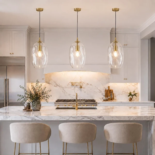 Alt view image 4 of 7 - Glass Pendant Lights Kitchen Island Modern Gold Organic Clear Glass Light