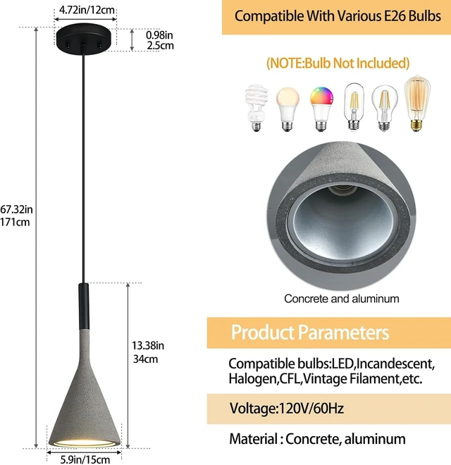 Alt view image 2 of 7 - Farmhouse Black Pendant Light Fixtures 1-Light Concrete Industrial Kitchen Island Pendant Lighting for Dining Room Bedroom Hallway Pendant Ceiling Lamp