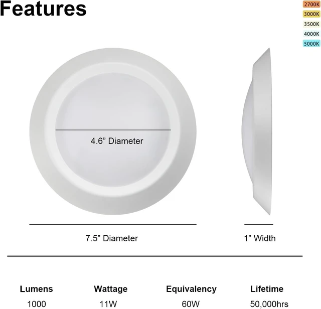 Alt view image 4 of 7 - 7.5 Flush Mount Disk Light Fits for 3" or 4" J-Box,CRI90, 1000lm, 11W, 2700K/3000K/3500K/4000K/5000K Surface Mount Ceiling Light (12 Pack)